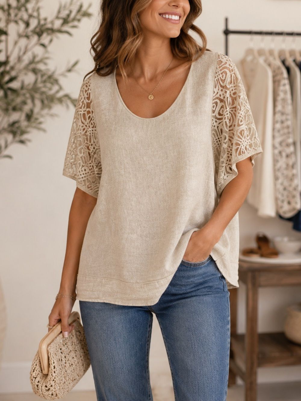 Azucar Beige Linen Lace Detailing Short Sleeve Top Blouse Size M